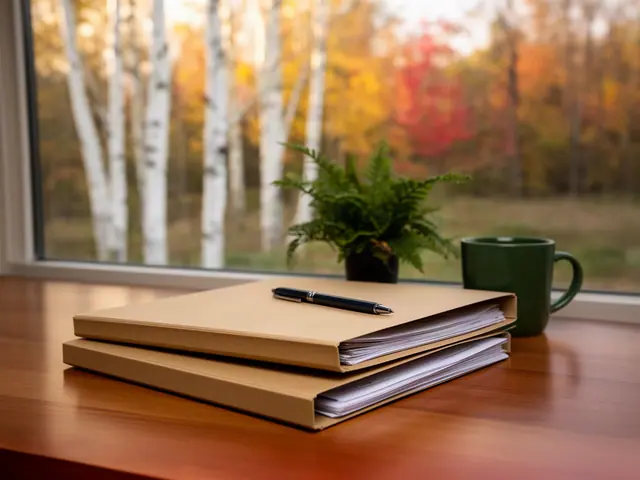 A neat stack of closed manila folders and a pen on a desk by a window.